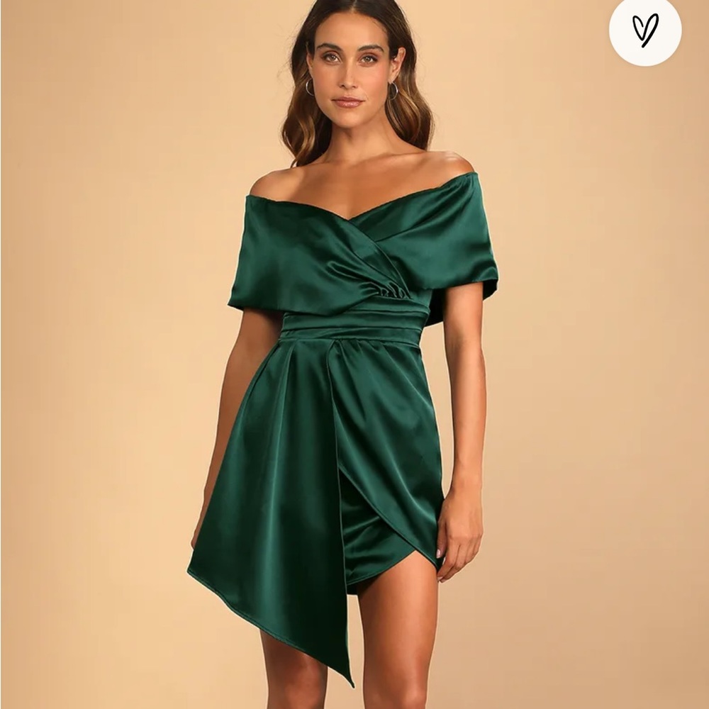 Always Celebrating Dark Green Satin Off-the-Shoulder Mini Dress